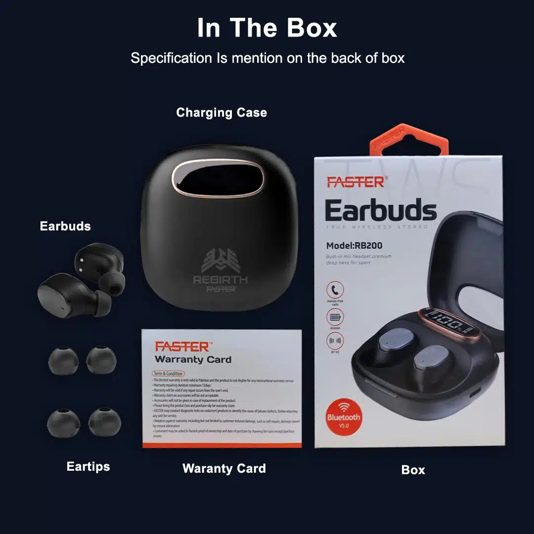 FASTER -RB200 -Rebirth -Wireless- Stereo- Earbuds- With- Digital -Display- Charging -Box
