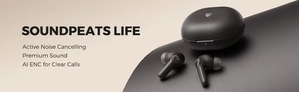 ACTIVE NOISE CANCELLING & COMFORTABLE EXPERIENCE – Equipped with advanced noise canceling technology, the SoundPEATS Life wireless earbuds effectively eliminate external noise up to 25dB. You can jam to your music at any time, in the subway, on the street, or at any public place in the crowded. The ergonomic design brings a tight seal with your ear canal to create a cozy feeling with listening and wearing. AI ENC TECH & TRANSPARENCY MODE – Adopt the latest AI Environmental Noise Cancellation (ENC) technology and dual microphone to pick up your voice clearly, and dramatically reduce ambient noise and echo in the calls. So you can have smooth and clear calls even in a noisy environment. The passthrough mode lets you hear the surroundings easily and will not miss any surprises, and stay alert on the street without taking off the earbuds. EFFORTLESS CONNECTION & CONTINUOUS JOY – Powered by superior Bluetooth 5.2 technology, the SoundPEATS Life is widely compatible with most current Bluetooth-enabled devices regardless of the system. It provides you true wireless enjoyment with instant pairing, easy switch, seamless connection, and stable transmission. 5 hours of listening time (with ANC off) per charge and another 5 recharges by the charging case keep your music going all the time. IMMERSIVE SOUND & GAME MODE – The built-in 12mm big driver delivers high-quality stereo sound in an exceptional wide stage to restore rich details of the sound with mellow bass and melodious treble to let every note be heard. 60ms low latency in game mode keeps audio and video in sync to let every sound of footsteps and gunfire be captured immediately, and react ahead of the opponent. Triple tap on the left earbud to enter/exit the game mode. ORIGINAL DESIGN & CUSTOMIZABLE SETTING – Laser-engraving texture and metal sequin find an ingenious balance between understated and stylish. The matte casing and smooth curves deliver a cozy feeling with soft tactile. The sensitive touch control with the classic logo puts everything at your fingertips for easy control. In addition, the SoundPEATS App allows you to personalize your settings and control the earbuds at will.