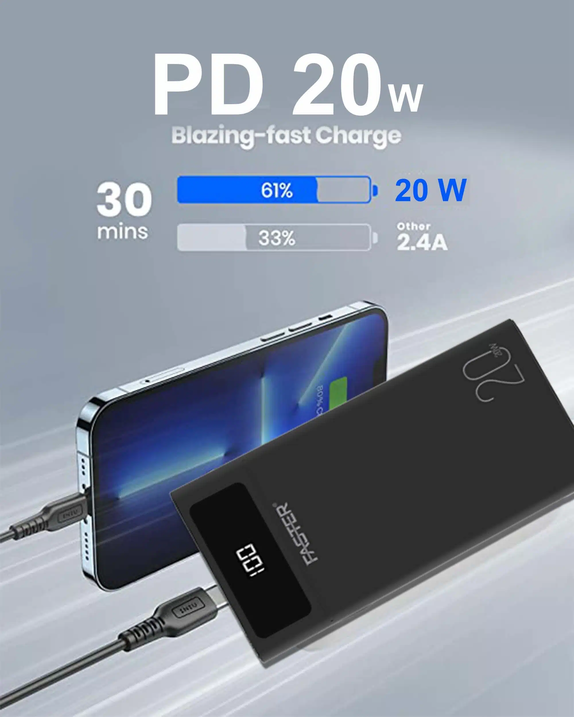 FASTER- S20- PD-20W -Qualcomm- Quick -Charge- 3.0- Power- Bank -20000- mAh- with- Digital- Display